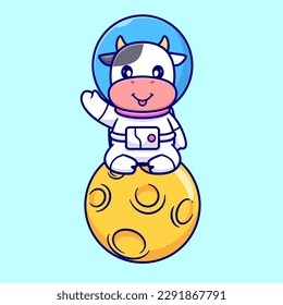 Cute Cow Astronaut Sitting On Moon Cartoon Vector Icon Illustration. Animal Science Icon Concept Isolated Premium Vector. Flat Cartoon Style