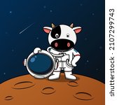 Cute cow astronaut standing on the moon illustration