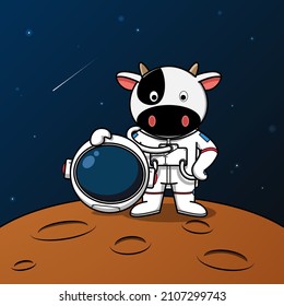 Cute cow astronaut standing on the moon illustration