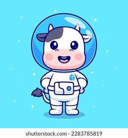 Cute Cow Astronaut Standing In Space Cartoon Vector Icon Illustration. Animal Science Icon Concept Isolated Premium Vector. Flat Cartoon Style