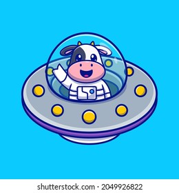 Cute Cow Astronaut in UFO Cartoon Vector Icon Illustration. Animal Science Icon Concept Isolated Premium Vector. Flat Cartoon Style