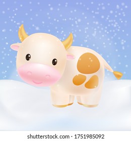 Cute cow, awesome little bull smiling. 2021 Chinese symbol. Soft pastel colours. Cartoon sweet style. Premium vector.