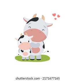 Cute Cow with baby. Cartoon style. Vector illustration. For kids stuff, card, posters, banners, children books, printing on the pack, printing on clothes, fabric, wallpaper, textile or dishes.