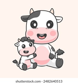 Cute Cow With Baby Cow Cartoon Vector Icon Illustration. Animal Nature Icon Concept Isolated Premium Vector. Flat Cartoon Style