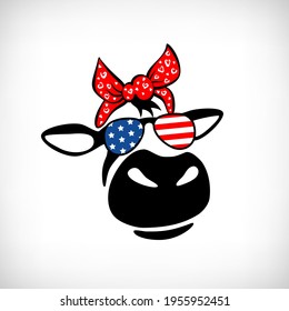 Cute cow with  bandana and trendy patriotic sunglasses. Patriotic Heifer with red kerchief and white hearts. Humor card, t shirt design, hand drawn print for 4th of July, Independence Day celebration.