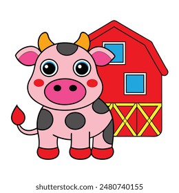 Cute cow and barn Vector Illustration