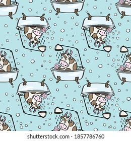 CUTE COW BATHIN IM BAD FLIPPIERT ÜBER NEUES JAHR Frohe Weihnachtslied Feiertagskleidung handgezeichnet nahtlose Muster Vektorgrafik Set für die Printwerbung