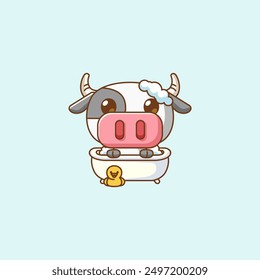 Cute cow bathing time in bathtub kawaii chibi character mascot illustration outline style design set