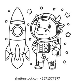 Cute cow becomes an astronaut with rocket for coloring