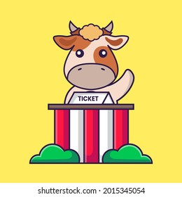 Cute cow is being a ticket keeper.