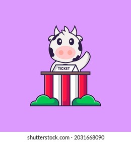 La vaca linda es la que guarda los boletos. El concepto de caricatura animal aislado. Puede usarse para camisetas, tarjetas de felicitación, tarjetas de invitación o mascota.