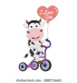 cute cow with bicycle, simple vector illustration