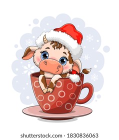 Cute cow with big blue eyes in a Santa Claus hat, symbol of 2021 sitting in a tea Cup and saucer. Flat cartoon vector illustration