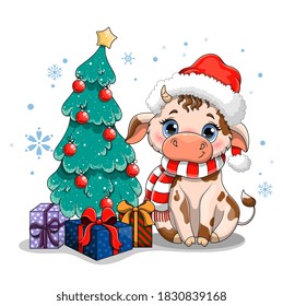 Cute cow with big blue eyes in a Santa Claus hat, symbol of 2021 sitting sitting next to a decorated Christmas tree. Flat cartoon vector illustration