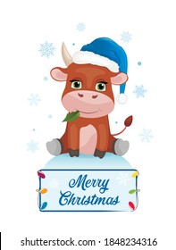 Cute сhristmas cow with big green eyes in a Santa Claus blue hat, symbol of 2021 sitting on 
snow hill. Flat cartoon vector illustration
