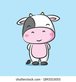 The cute cow with the big head is standing and smiling of illustration