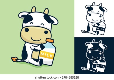 Cute cow with big milk bottle. Vector cartoon illustration in flat icon style