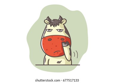 Cute Cow Bored. Vector Illustration. Isolated on white background.