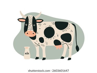 Cute cow with a bottle of milk. Vector illustrations in flat style.