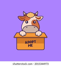 Cute vaca en la caja con un afiche Adopta a mí.