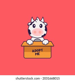 Cute cow in box with a poster Adopt me. Animal cartoon concept isolated. Can used for t-shirt, greeting card, invitation card or mascot.