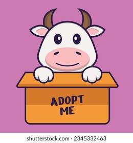 Cute cow in box with a poster Adopt me. Animal cartoon concept isolated. Can used for t-shirt, greeting card, invitation card or mascot