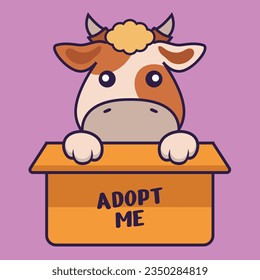 Cute cow in box with a poster Adopt me.