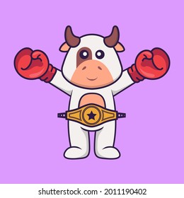 Cute cow in boxer costume with champion belt. Animal cartoon concept isolated. Can used for t-shirt, greeting card, invitation card or mascot.