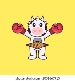 Cute cow in boxer costume with champion belt. Animal cartoon concept isolated. Can used for t-shirt, greeting card, invitation card or mascot.