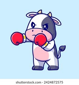 Ilustración del icono del vector de la historieta del boxeo de la vaca linda. Concepto de icono de deporte animal Vector Premium aislado. Estilo plano de dibujos animados