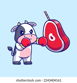 Cute Cow Boxing Meat Steak Cartoon Vector Icon Illustration. Animal Sport Icon Concept Isolated Premium Vector. Flat Cartoon Style