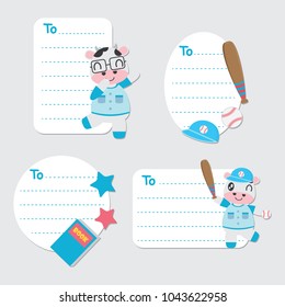 Cute cow boy and toys vector cartoon illustration for Birthday gift tags design, postcard and sticker set