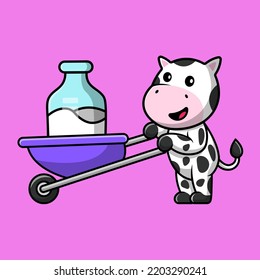 Cute Cow Bring Milk With Trolley Cartoon Vector Icon Illustration. Flat Cartoon Concept