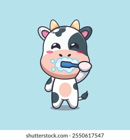 Vaca bonito escovando dentes ilustração de vetor de desenhos animados. ilustração de desenhos animados vetoriais adequado para cartaz, brochura, web, mascote, adesivo, logotipo e ícone.