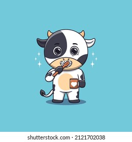 Cute Cow brushing teeth while holding mug