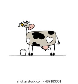 Cute cow with bucket of milk, sketch