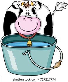 Cute cow with bucket with water
