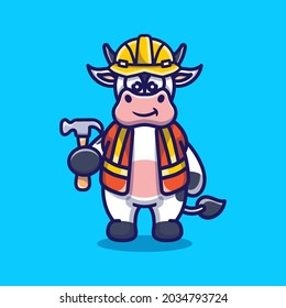 cute cow builder carrying hammer, perfect for cute animal icons or mascots about hard work building work while carrying a hammer