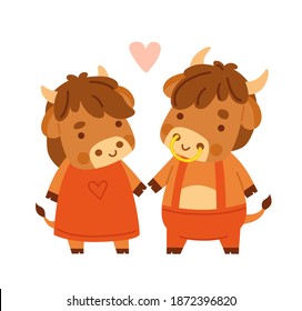 Cute cow and bull. Kawaii little bull. 2021 zodiac sign. Vector illustration. Cartoon character.