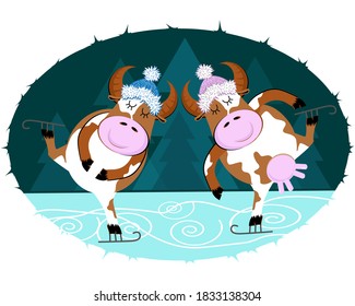 Cute Cow and Bull are skating on the ice in the park. Hand drawn cartoon animal in the winter.