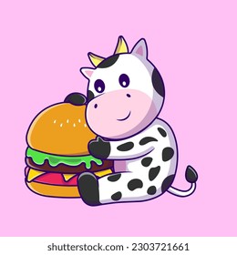 Cute Cow With Burger Cartoon Vector Icons Illustration. Flat Cartoon Concept. Suitable for any creative project.