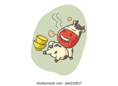 Cute Cow Burping After Eating Food. Vector Illustration. Isolated On White Background.