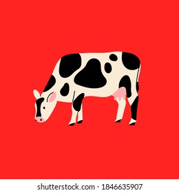 Cute Cow or Calf. Head bowed to the ground. Hand drawn colored trendy Vector illustration. Funny character. Cartoon style. Flat design. Rural farm Animals concept. Isolated on red background