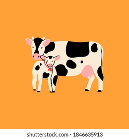 Cute Cow and Calf standing and looking in camera. Hand drawn colored trendy Vector illustration. Funny characters. Cartoon style. Flat design. Rural farm Animals concept. Isolated on yellow background