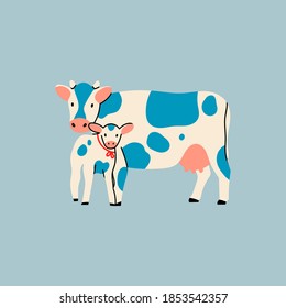 Cute Cow and Calf standing and looking in camera. Hand drawn colored trendy Vector illustration. Funny characters. Cartoon style. Flat design. Rural farm Animals concept. Isolated on blue background