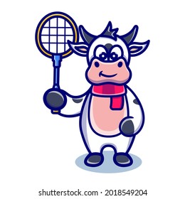 cute cow cartoon animal holding a badminton racket