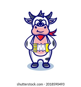 cute cow cartoon animal holding a accordion