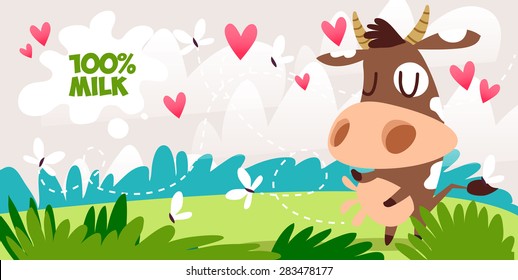 Cute cow cartoon with butterfly. Natural product. Cartoon animal. Cattle. The illustration on the theme of milk. green grass. Vector illustration