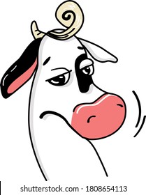 Cute cow cartoon character. 2021 Year Lunar Zodiac Animal. Chinese New Year of Ox. Cow vector illustration on white background. Friendly bull mascot. Domestic farm animal icon. Joyful ox sticker