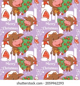 cute cow cartoon character Christmas seamless pattern